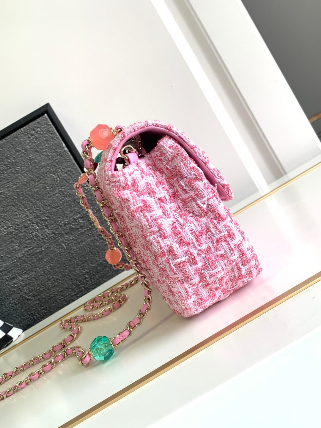 Ch*el flap bag pink tweed 14.5x18.5x6.5cm