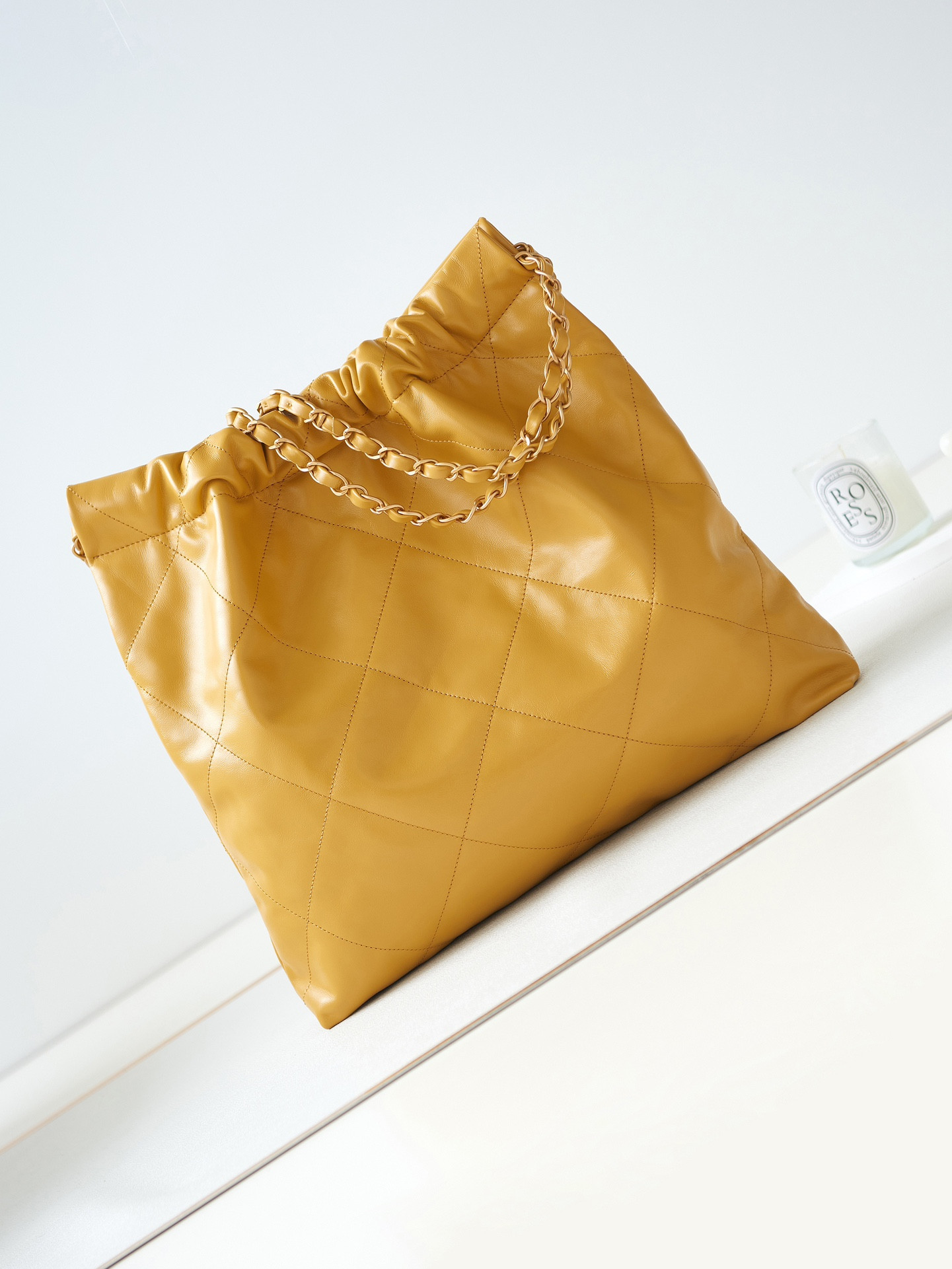 Ch*el 22 small handbag shiny calfskin yellow 15.2×16.4×3.1 in