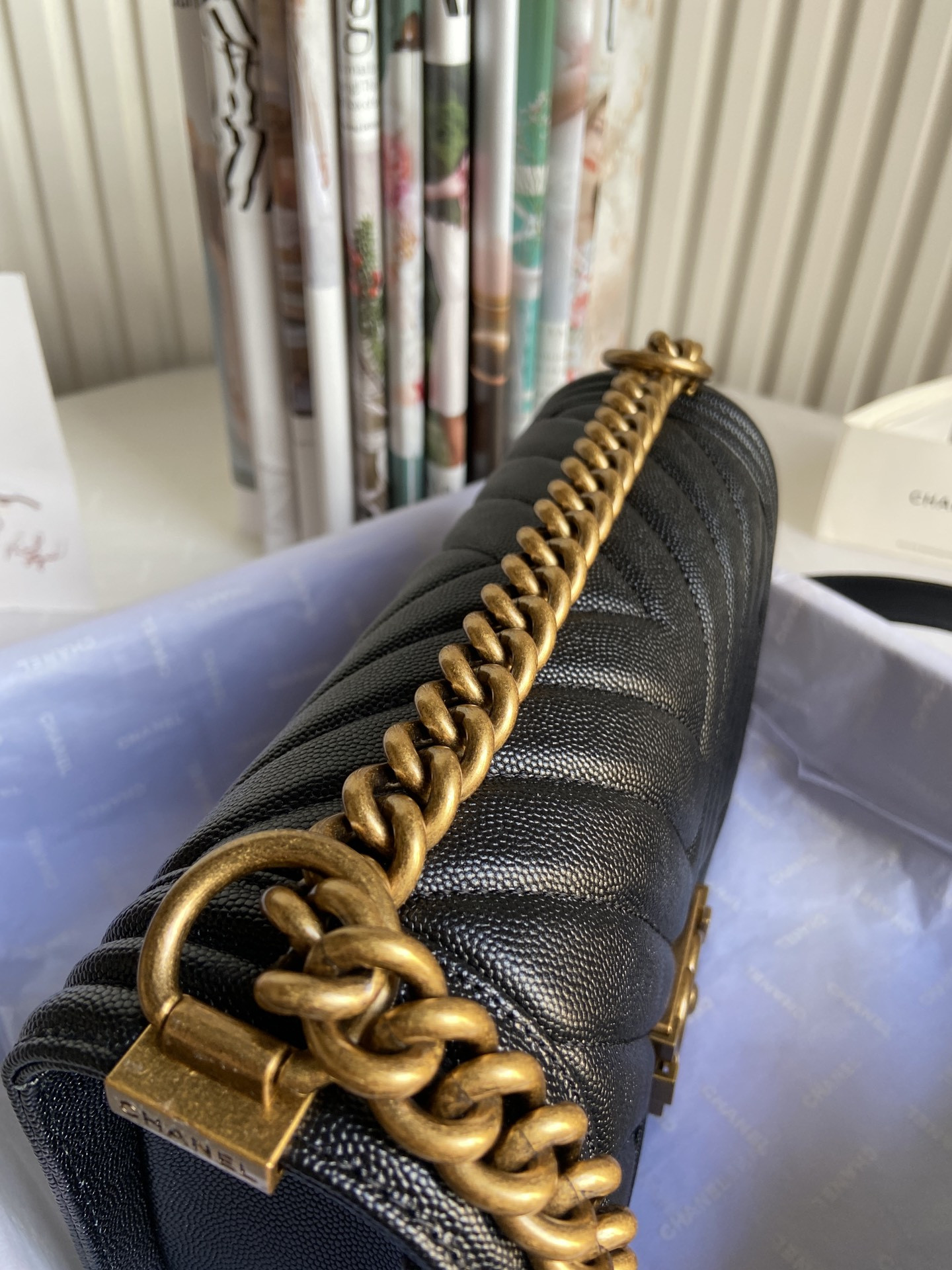 boy Ch*el handbag shiny grained calfskin black 5.9 × 9.8 × 3.5 in