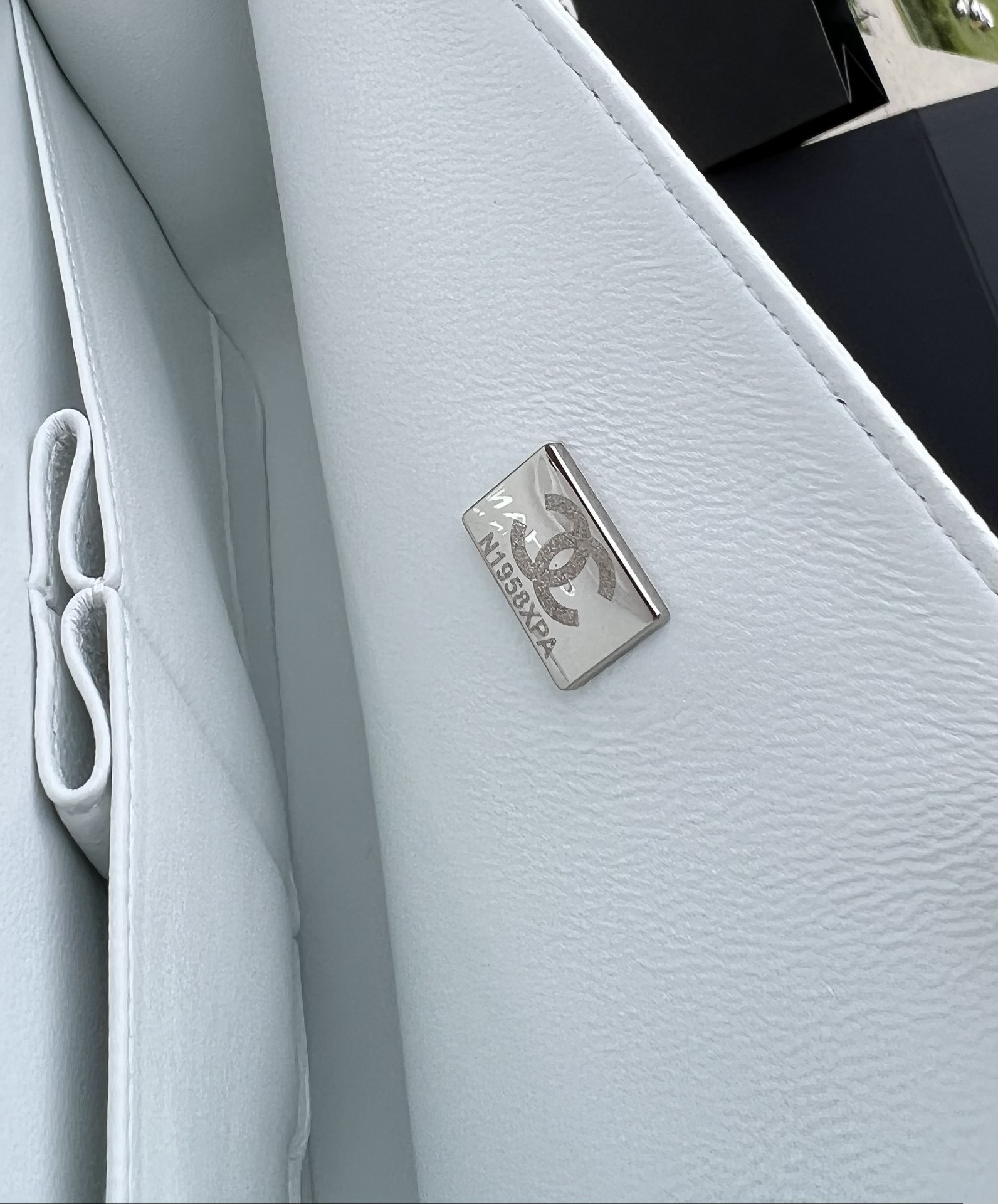 Ch*el classic handbag grained calfskin & silver-tone metal white 6 × 9.9 × 2.5 in