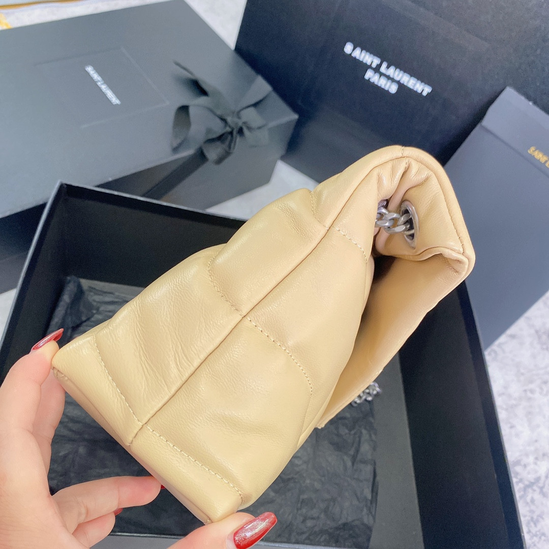 Y*L puffer small in nappa leather beige silver 11.4 x 6.6 x 4.3 inches