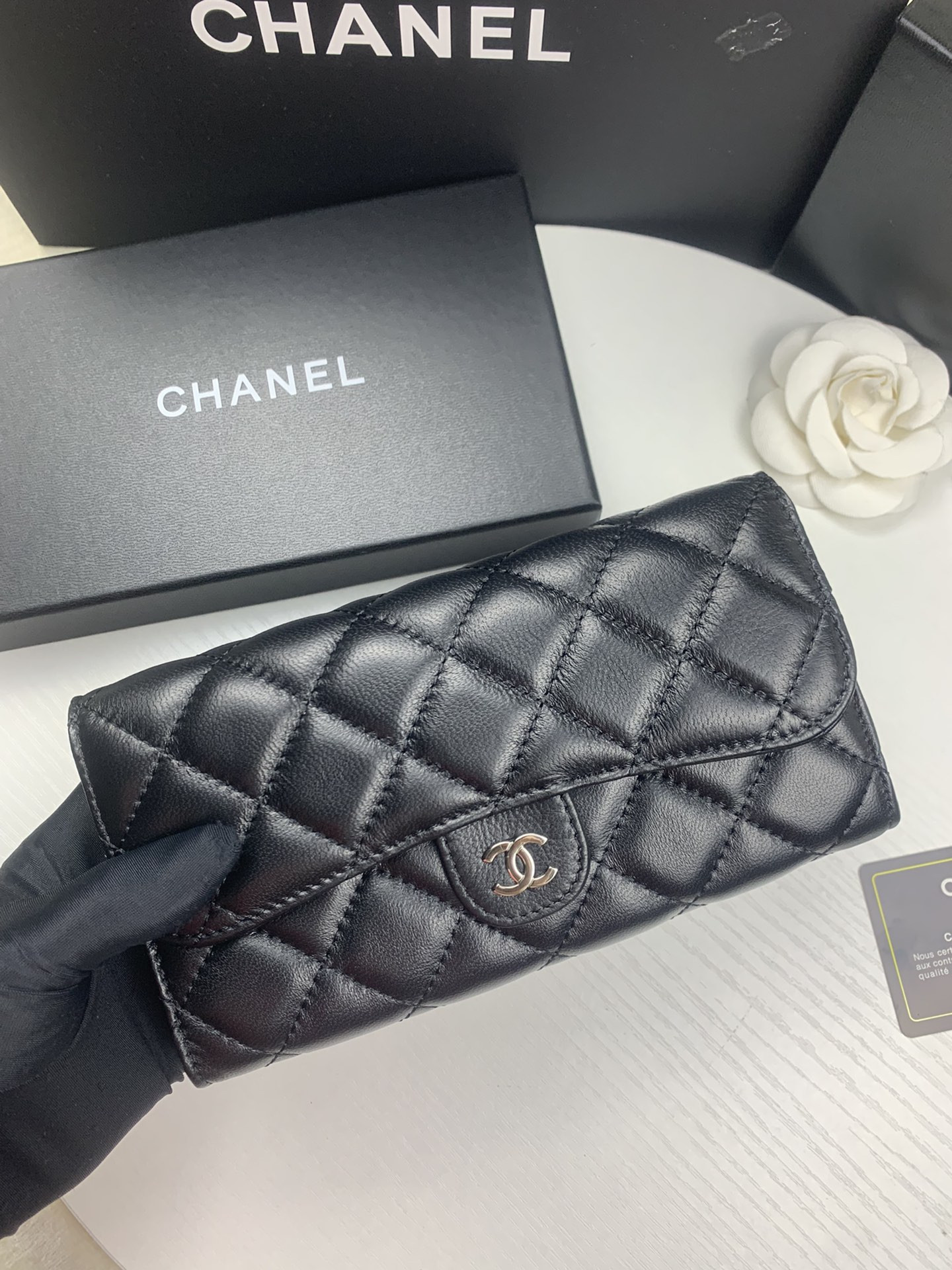 Ch*el flap wallet black silver 19.5 x10 cm