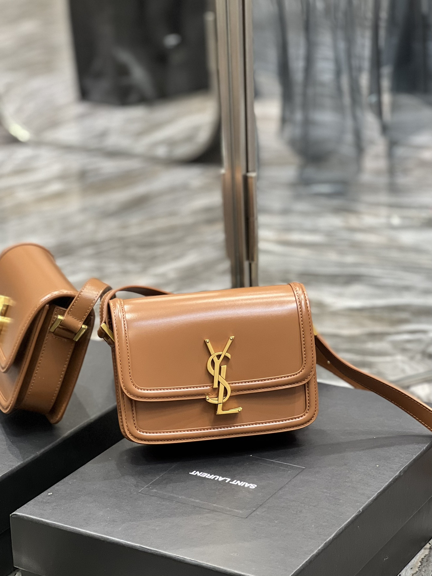 y*l solferino small satchel in box Sa**t Lau*nt brwon 7.4 x 5.1 x 1.9 inches