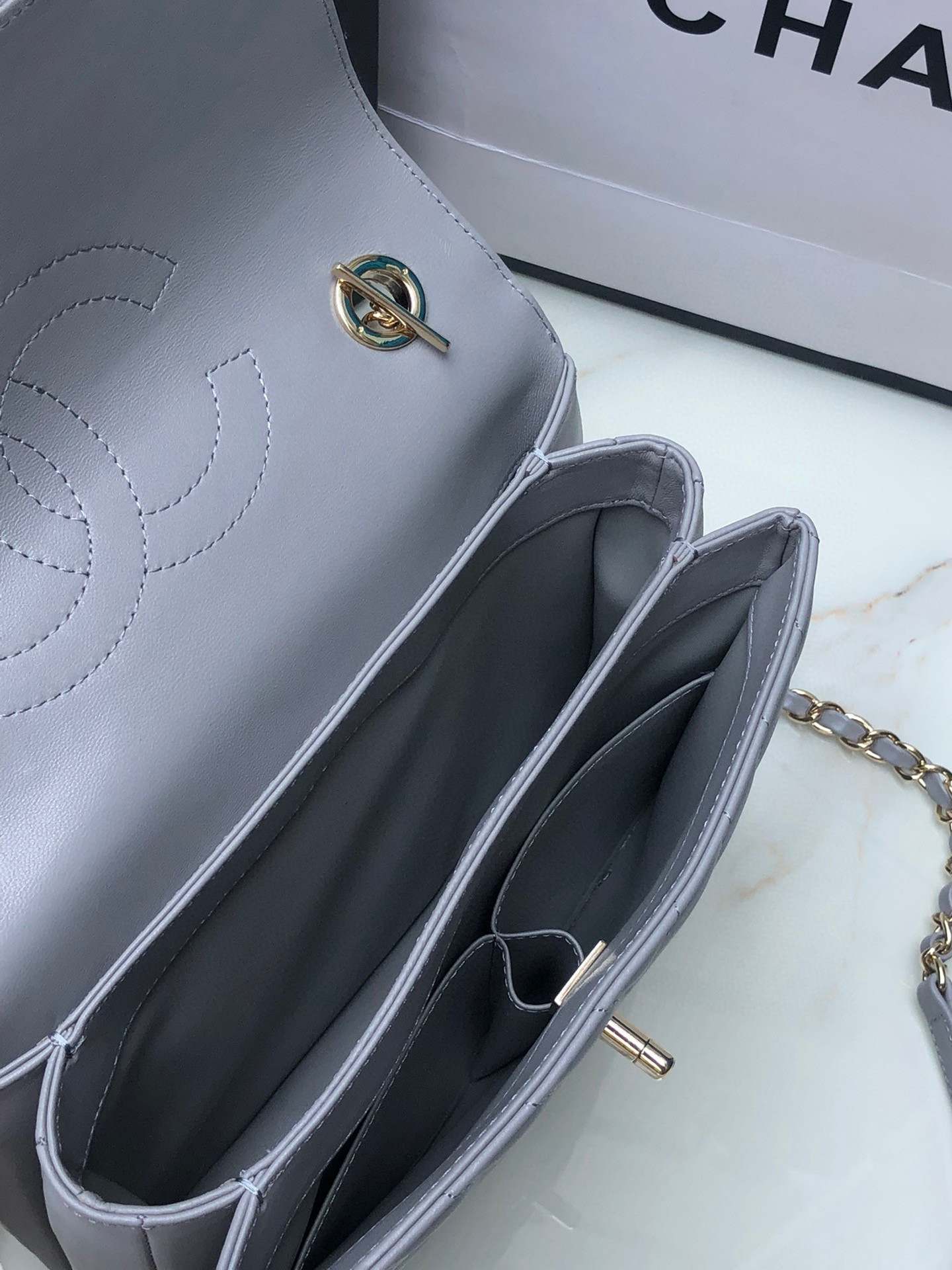 Ch*el flap bag with top handle gray 6.6 × 9.8 × 4.7 in