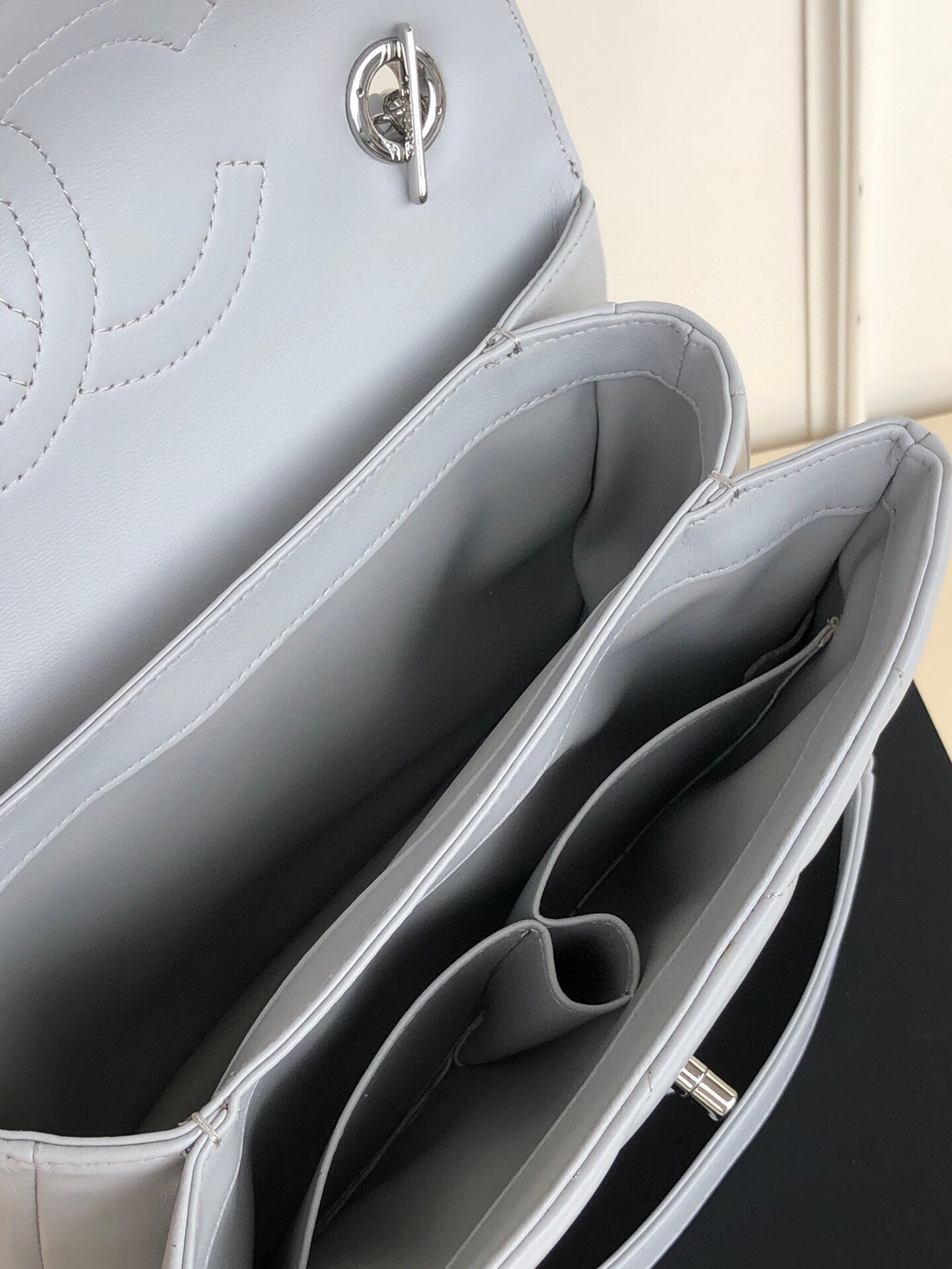 Ch*el flap bag with top handle 6.6 × 9.8 × 4.7 in