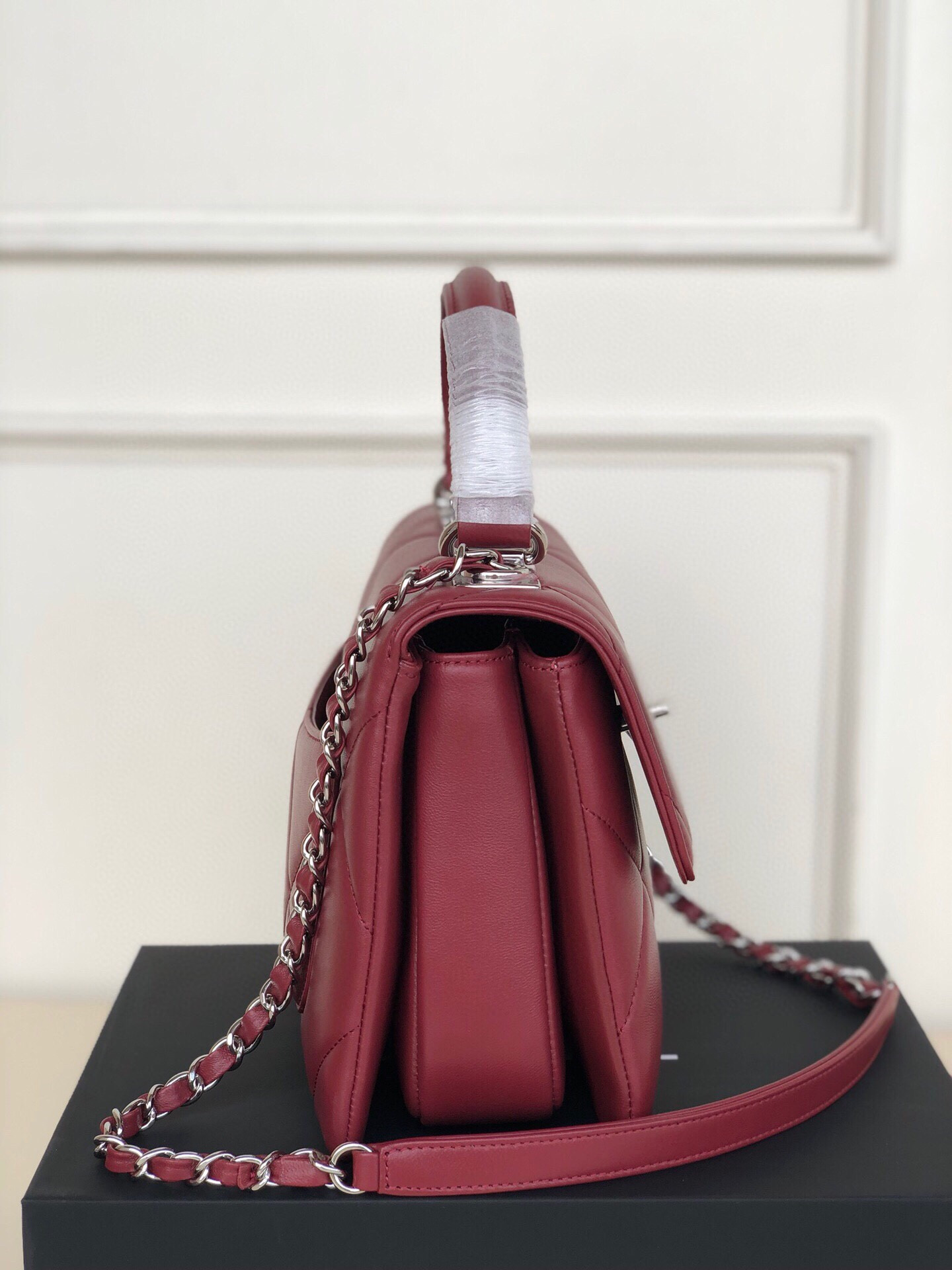 Ch*el flap bag with top handle 6.6 × 9.8 × 4.7 in